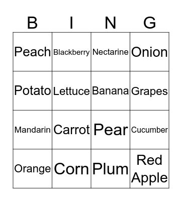 Fruits and Vegetables Bingo Card