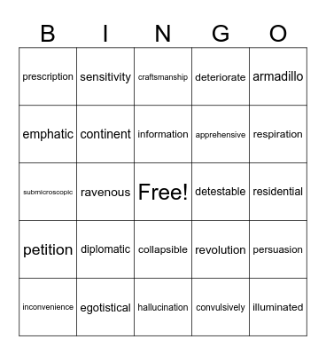 Word Bingo Card