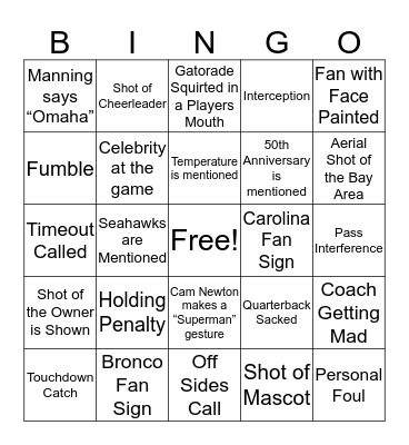 Super Bowl  Bingo Card