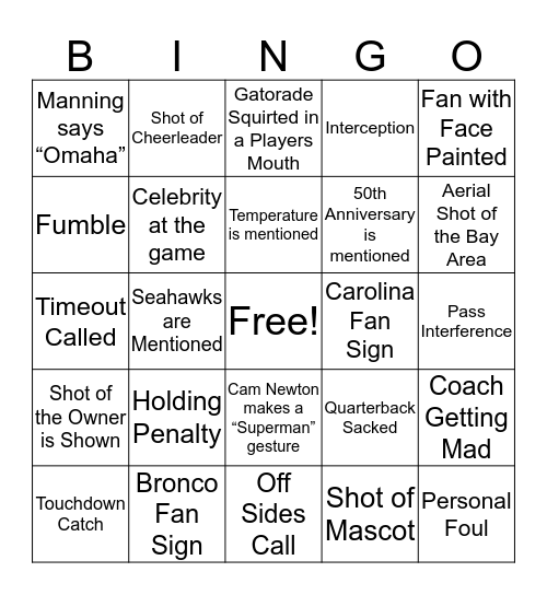 Super Bowl  Bingo Card