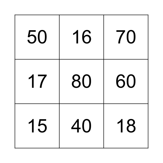 Teen Ty Number Bingo Card