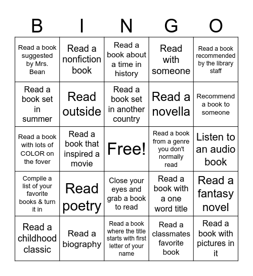 Reading Extra Credit (turn in signed by guardian/parent) Bingo Card