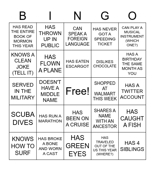 STAR LAKE GET TO KNOW YOU BINGO Card