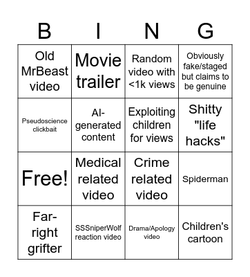 YouTube Home Page Bingo Card