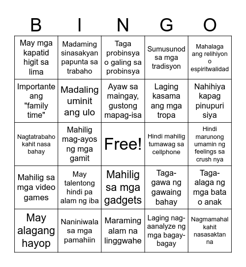 Filipino Diversity Bingo Card