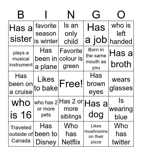 Getting to know you BINGO  Bingo Card