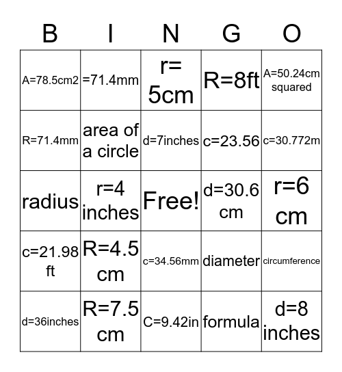 area of a circle Bingo Card