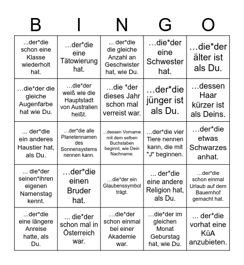 Finde jemanden, ... Bingo Card