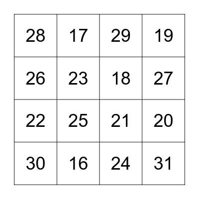 Number Bingo Card