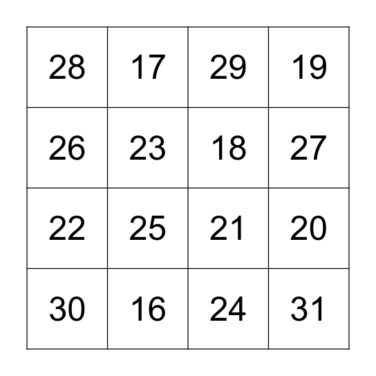 Number Bingo Card