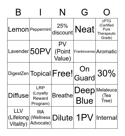 Essential Oil Bingo Card