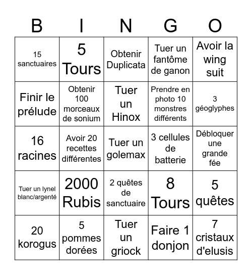 Totk Bingo Card