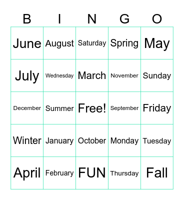 Months of the Year Bingo Card