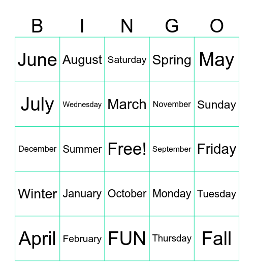 Months of the Year Bingo Card