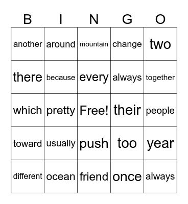 High Frequency Words Bingo Card