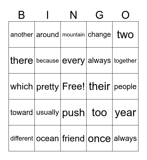 High Frequency Words Bingo Card