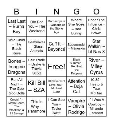 Today's Hits Bingo Card