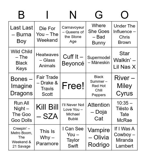 Today's Hits Bingo Card