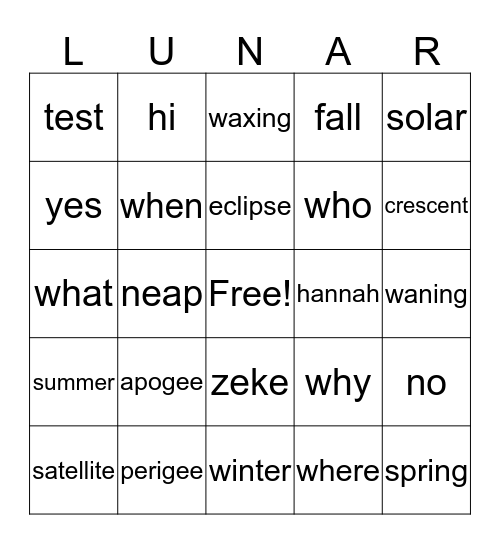 Phases of the Moon Bingo Card