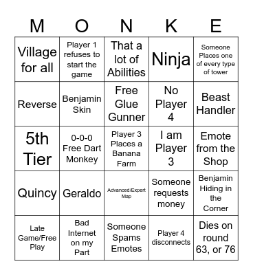 BTD6 Co-op Bingo Card