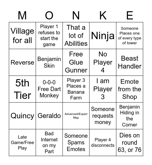 BTD6 Co-op Bingo Card