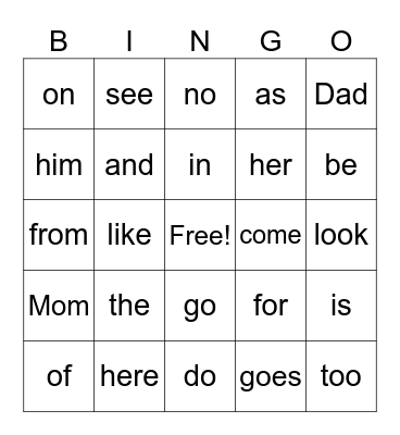 Heart Words Bingo Card