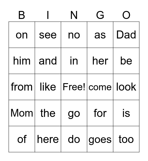 Heart Words Bingo Card