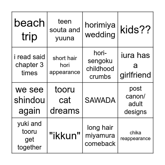 horimiya new chapter predictions Bingo Card