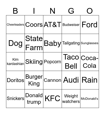 SUPER BOWL COMMERICAL  Bingo Card