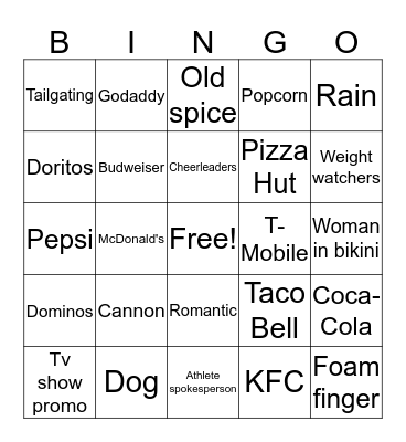 SUPERBOWL 50 COMMERICAL  Bingo Card