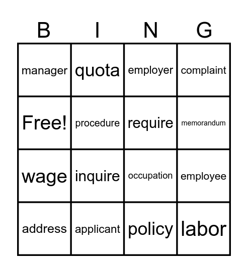 WorkKeys Vocabulary Bingo Card