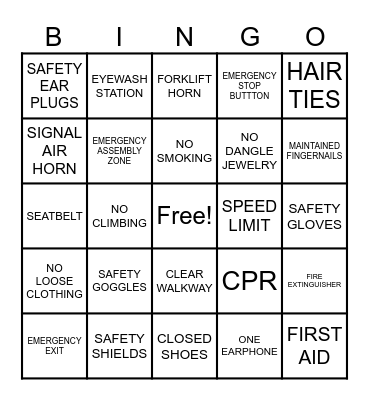 Safety Bingo Card