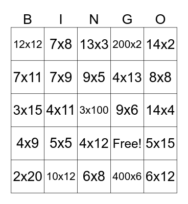 multiplication bingo Card