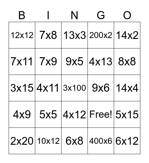 multiplication bingo Card