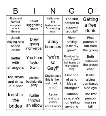 The Cult of Dionysus Big night Out Bingo Card