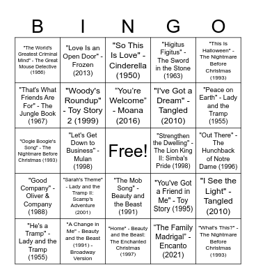 Disney Songs Bingo Card