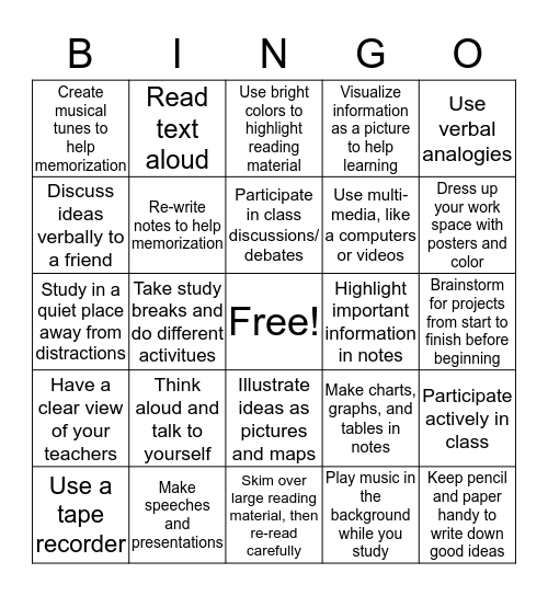 Learning Styles BINGO Card