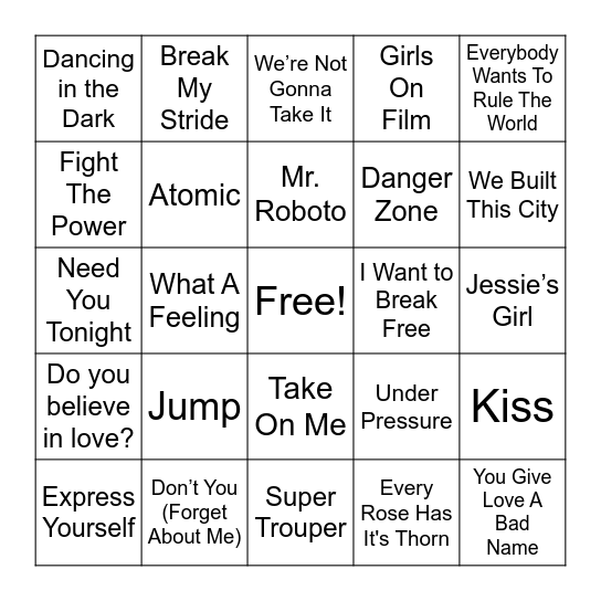 Music Bingo: 80s Edition Bingo Card