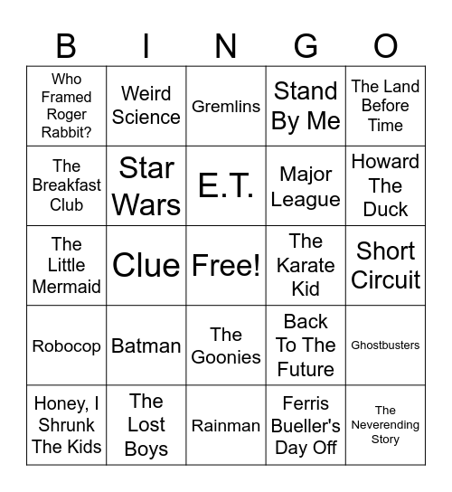 80's Movies Bingo Card