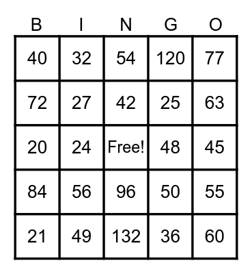 Multiplication Bingo Card