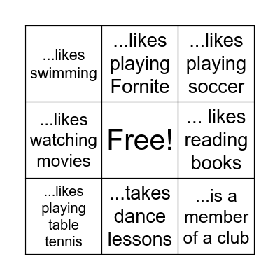 free time activities Bingo Card