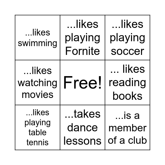 free time activities Bingo Card