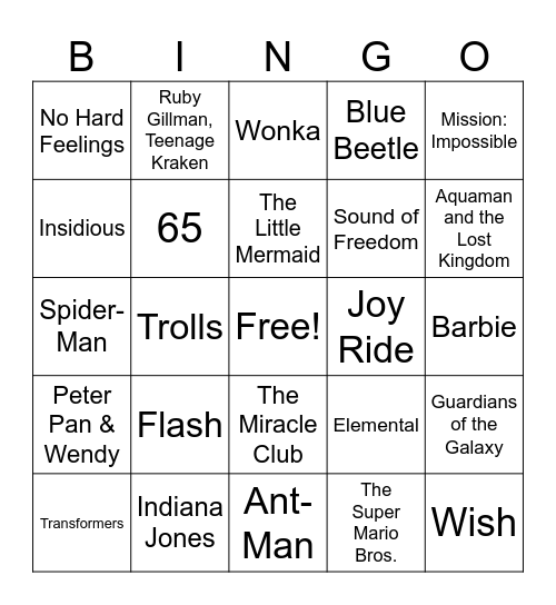 2023 Movies Bingo Card