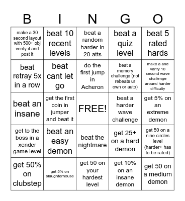 geometry dash bingo Card