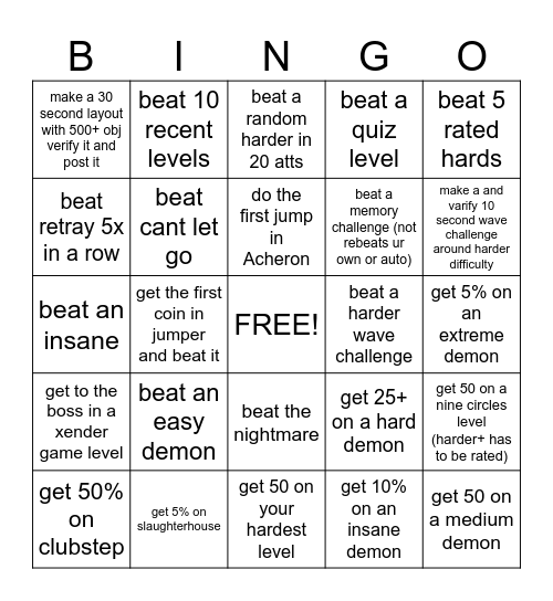 geometry dash bingo Card