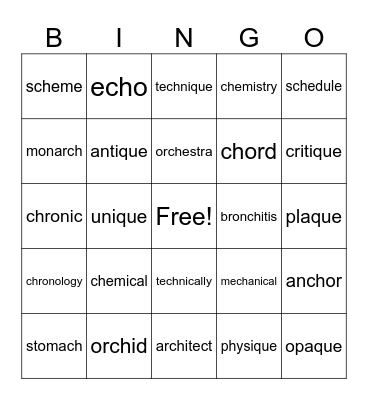 ch = /k/     que = /k/ Bingo Card