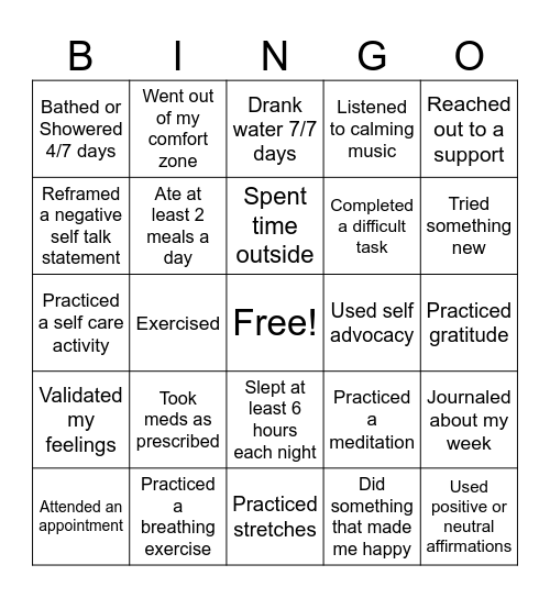 Weekly Self Care Bingo Card