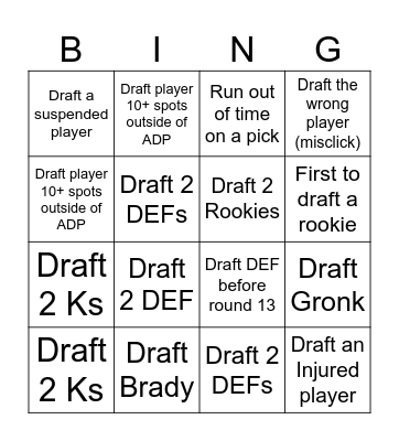 Fantasy Football Draft Bingo Card