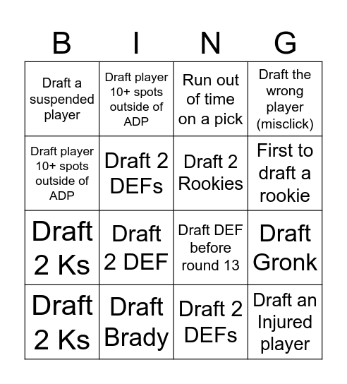 Fantasy Football Draft Bingo Card