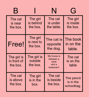 Preposition of place Bingo Card